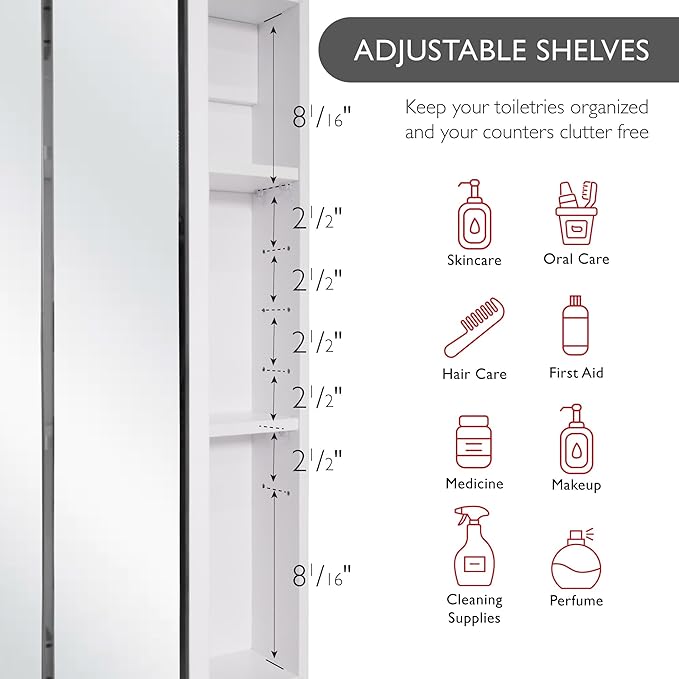 Design House Cyprus Medicine Cabinet, 3 Frameless Mirrored Doors, 2 Adjustable Shelves, Pre-Assembled, Surce or Recess-Mounted, White, 36.3 in. W x 4.4 in. D x 30.1 in. H, 590265