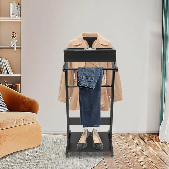 Mens Valet Stand with Shoe Shelf, Coat Hanger and Hat Rack, Freestanding Suit Stand and Clothes Butler with Storage Organizer, Clothes Stand with Storage for Entryway, Living Room (Black)