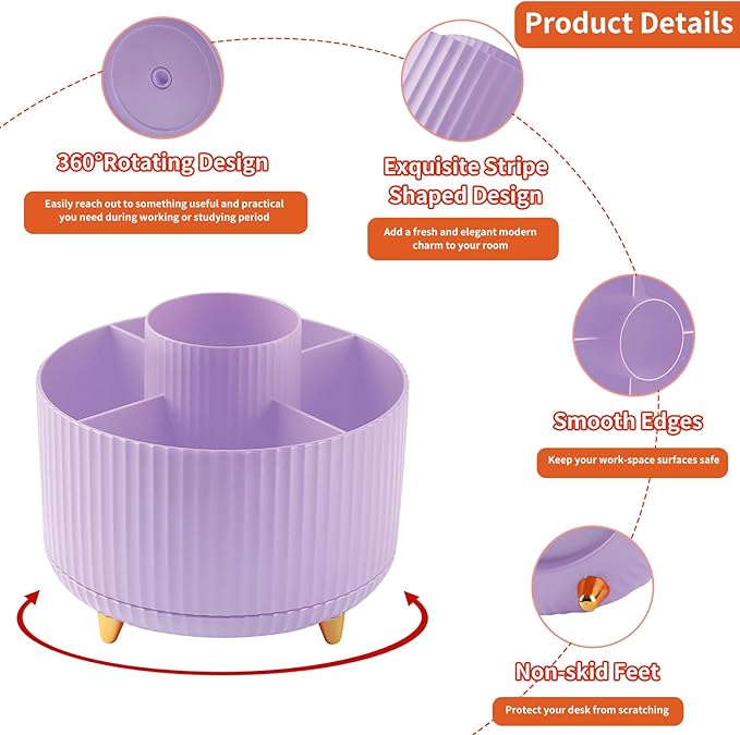 Desk Pencil Pen Holder, 5 Slots 360°Degree Rotating Pen Organizers for Desk, Desktop Storage Stationery Supplies Organizer, Cute Pencil Cup Pot for Office, School, Home, Art Supply, Purple