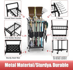 Garden Tool Organizer with Wheels, Heavy Duty Rolling Yard Tool Rack with 14 Hooks & 5 Slots, 3-Tier Metal Cart Holds 50+ Rakes/Shovels/Brooms, Mobile Lawn Storage for Garage Shed Outdoor