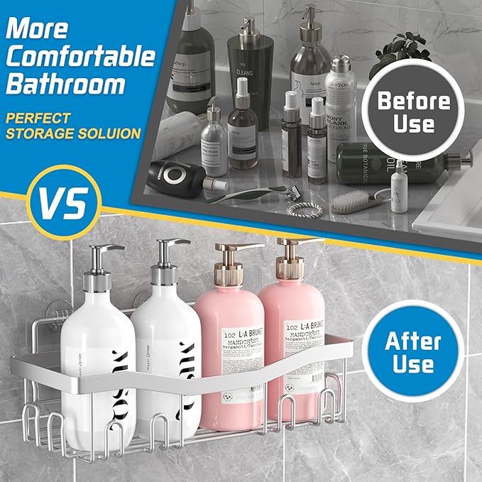 Adhesive Shower Caddy, No Drilling Bath Organizers 5 Pack, Rustproof Shelves with Soap Holder & Toothbrush Holder, Bathroom Organizers and Storage, Silver