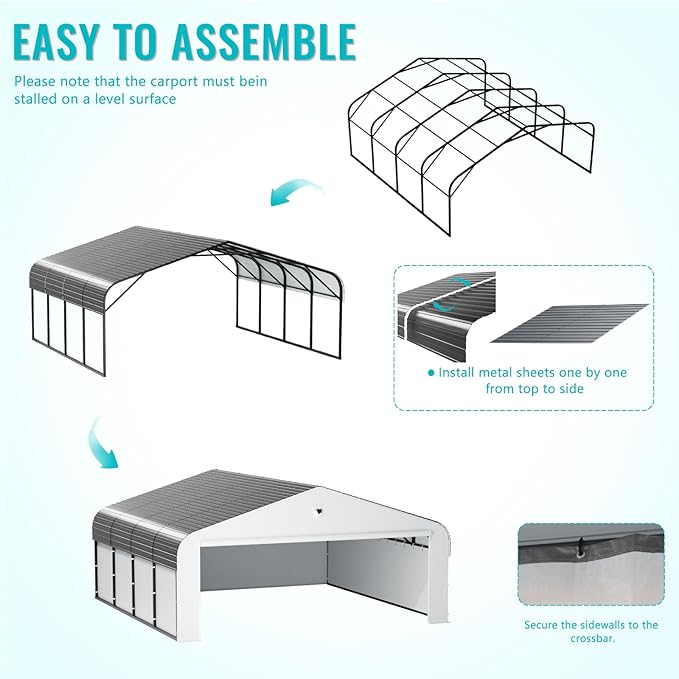 20x20 Metal Carport,Car Ports Heavy Duty Metal for Snow,Enclosed Car Tent Garage with Galvanized Metal Roof,Outdoor Two Car Carport All Weather