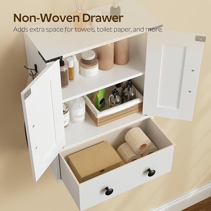 Bathroom Wall Cabinet, Medicine Cabinet with Fabric Drawer, Double-Door Wall Mounted Storage Cabinet, 2 Hooks, Over The Toilet Space Saver Storage Cabinet, for Bathroom, Kitchen, White