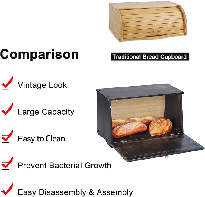 HOMEKOKO Large Wood Bread Box for Kitchen Counter, Retro Design Single Layer Bamboo Large Capacity Food Storage Bin (Vintage Black)
