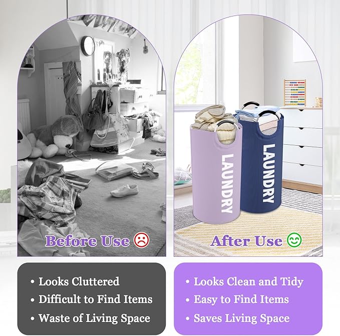 Set of 2 Large Laundry Baskets for Adult, 95L Collapsible Laundry Baskets with Aluminum Handles, Portable Dirty Clothes Hampers for Bedroom, Travel, Purple + Navy Blue