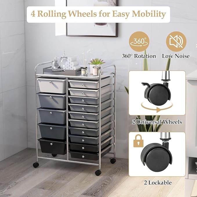 LUARANE Rolling Cart with 15 Drawers, Craft Storage Cart with Portable Handles & Lockable Wheels, Mobile Toys Organizer, Large Capacity Utility Drawer Cart Home Office School Teacher (Gradient Black)