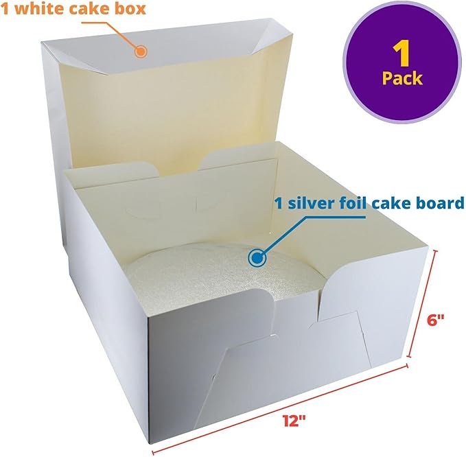 DecoPac 12" Round Silver Cake Drum Board & White Cake Box Combo, 12 Inch Square Bakery Box and Matching Cake Circle Set For Dessert, Pie, And Cookie Transport