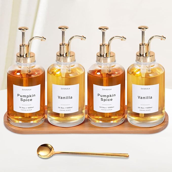 Coffee Syrup Dispenser for Coffee Bar, 16.9oz 500ml Glass Syrup Dispenser w Golden Coffee Scoop, Coffee Syrup Pump Dispenser w 36 Labels and Bamboo Tray, Coffee Syrup Bottles with Golden Pump, 4PCS