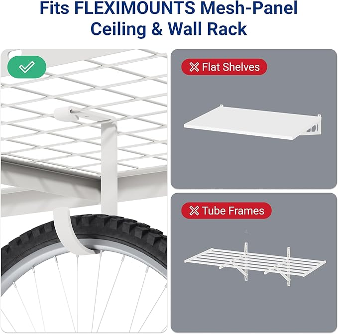 FLEXIMOUNTS 4 Pack Add On Storage Flat Hook Accessory for Garage Ceiling Rack and Wall Shelving, Max Weight Capacity up to 50lbs, White