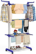 Bigzzia Clothes Drying Rack, Folding Stainless Steel Drying Rack Clothing Indoor Outdoor, Space-Saving, 4 Tier Laundry Drying Rack with Two Side Wings Grey Blue
