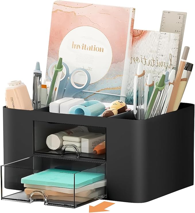 Stationary Organiser 7-Grid Desk Organizer with Drawer – Multifunctional Plastic Table Organizer & Pen Holder for School, Office, and Home (Black)