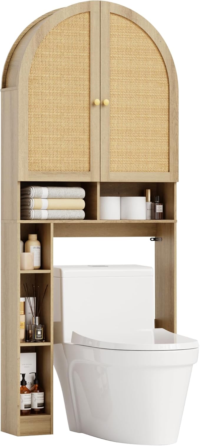 Over The Toilet Storage Cabinet, 29.7”W Modern Storage Cabinet Over Toilet with Rattan Doors, Arched Freestanding Over Toilet Rack with Adjustable Shelf for Bathroom, Nature