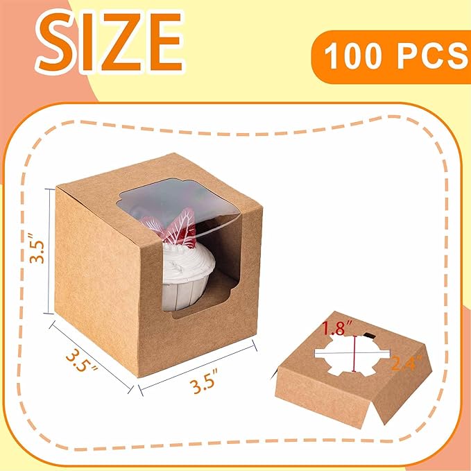 BOOMIBOO 100 Pack Individual Cupcake Containers, Cupcake Boxes with Window, Food Grade Cupcake Holders with Inserts, Stackable Deep Cupcake Carrier (Brown)