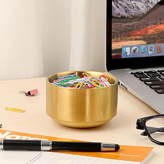 BTSKY 1 Pack Golden Paper Clip Holder, Stackable Paperclip Box Metal Storage Bowl for Office Supply Accessories, Round Small Storage Holder Cute Jewelry Organizer for Office Bathroom Vanity