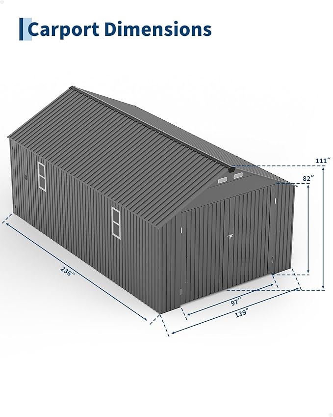 Garvee 12x20 ft Enclosed Metal Car Port, Carport with Vertical Steel Roof for All-Weather Use, Metal Garage Shed with Man Door for Full-Sized Pickup Trucks & SUV, Gray