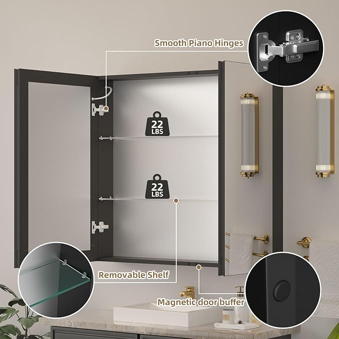 30x28 Medicine Cabinet with Lights Mirror, LED Lighted Medicine Cabinet Wall Mounted, Modern Sturdy Aluminum Mirrored Cabinet with Memory 3 Color Dimmable and Defogger, Adjustable Shelves