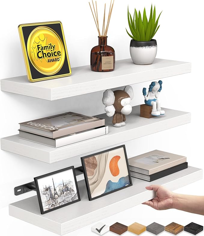 BAYKA White Floating Shelves for Wall – Rustic Wood Wall Shelves with Metal Brackets for Bathroom, Bedroom, Kitchen, or Living Room Decor Organization – Set of 3, Sturdy Storage with 22lb Capacity