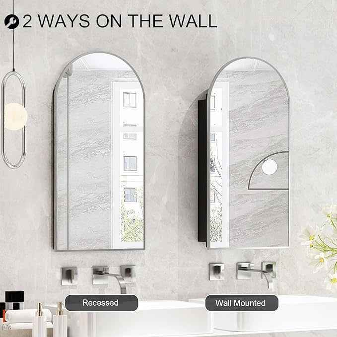 Recessed Medicine Cabinet Mirrors for Bathroom,Arched Medicine Cabinet with Mirror,Metal Edge Bathroom Mirror with Storage,Brushed Nickel Mirrored Cabinet,Open from Left to Right,16x31