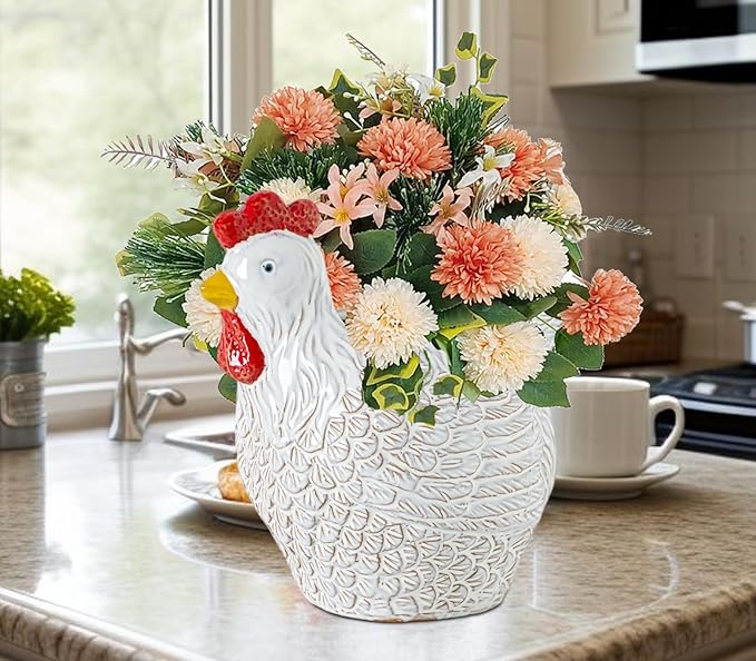 Hen Kitchen Utensil Holder For Countertop Ceramic Utensil Crock For Kitchen Counter Chicken Decorative Farmhouse Organizer Crock For Forks Spoons Cooking Utensils Countertop Storage Container