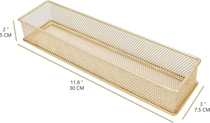 Annova Mesh Stackable Drawer Cabinet and Shelf Organizer Bins Storage Basket School Office Supply Holder Tray- Set of 2 (Gold, 3x12x2 Inch)