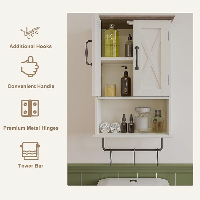 ChooChoo Farmhouse Medicine Cabinet, Bathroom Wall Cabinet with Adjustable Shelf, Towel Bar, 3 Hooks, Over The Toilet Storage Cabinet for Bathroom, Kitchen, Antique White & Brown