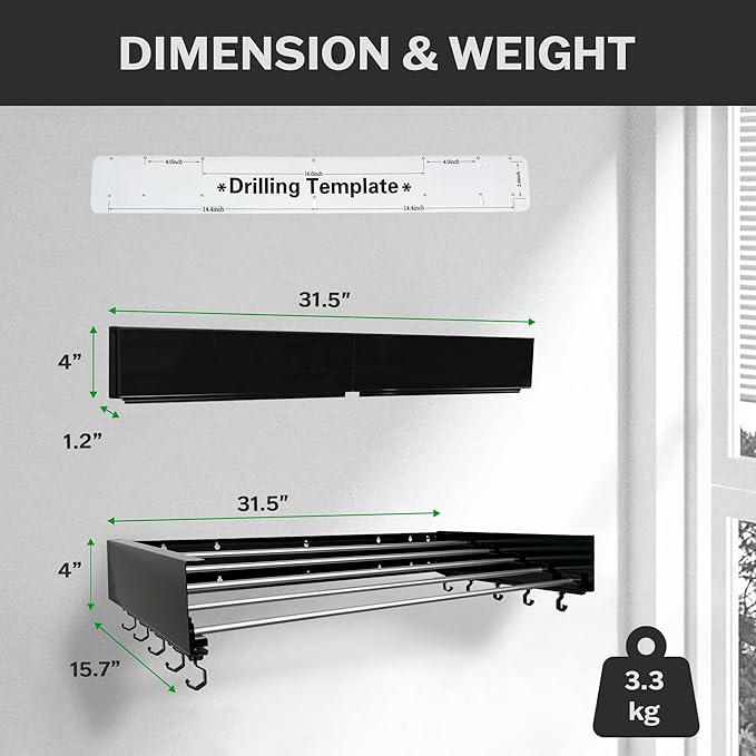 Foldable Wall Mounted Drying Rack - 31.5” Wide, 13.2 Ft Drying Space, 5 Aluminum Rods, Supports Up to 60 lbs - Retractable & Foldable Space-Saving Wall Mounted Clothes Drying Rack (Black)