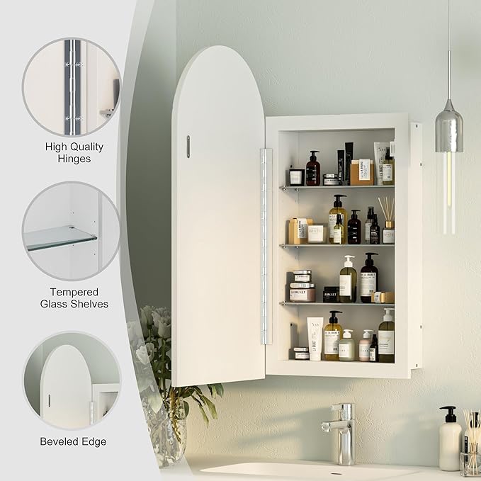 Beveled Edge Arched Recessed Medicine Cabinet with Mirror,Frameless Arched Mirror Medicine Cabinet for Bathroom,Mirrored Cabinets for Bathroom Wall Cabinet with 3 Glass Shelves,16x31