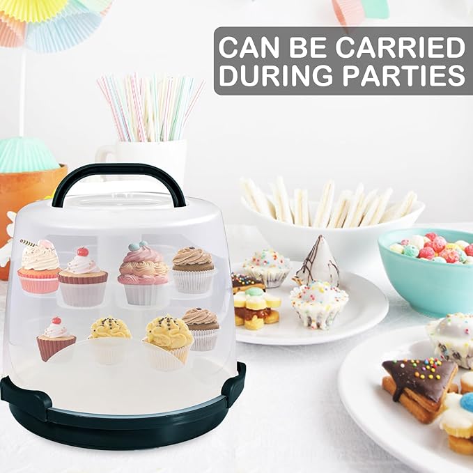Cake Carrier Round Cake Stand Plus Height Cake Container with Cupcakes Pad, Handle, Lid Reusable Package Box for Transporting Desserts,Pie,Toast,Fruit (10" Black)