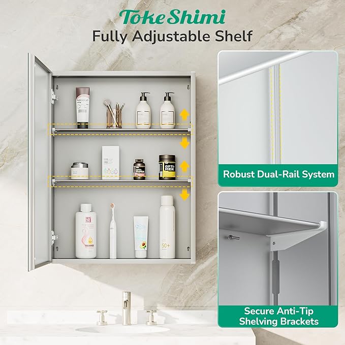 TokeShimi 14 x 24 Medicine Cabinet with Mirror, Assembly Required, Silver Recessed Bathroom Medicine Cabinet with Tempered Beveled Mirror, Stepless Adjustable Shelves, DTC Hinge