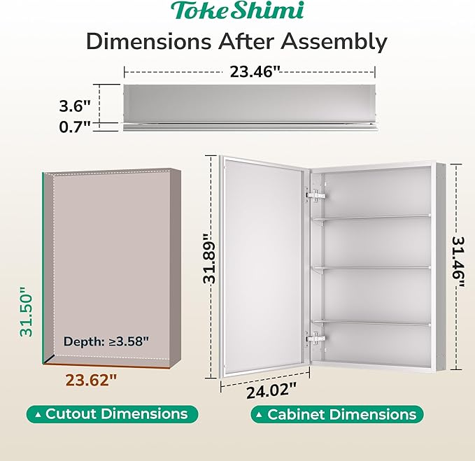 TokeShimi 24 x 32 Mirrored Medicine Cabinet, Assembly Required, Silver Medicine Cabinet for Bathroom, Tempered Beveled Mirror, Stepless Adjustable Shelves, Recessed/Wall Mounted