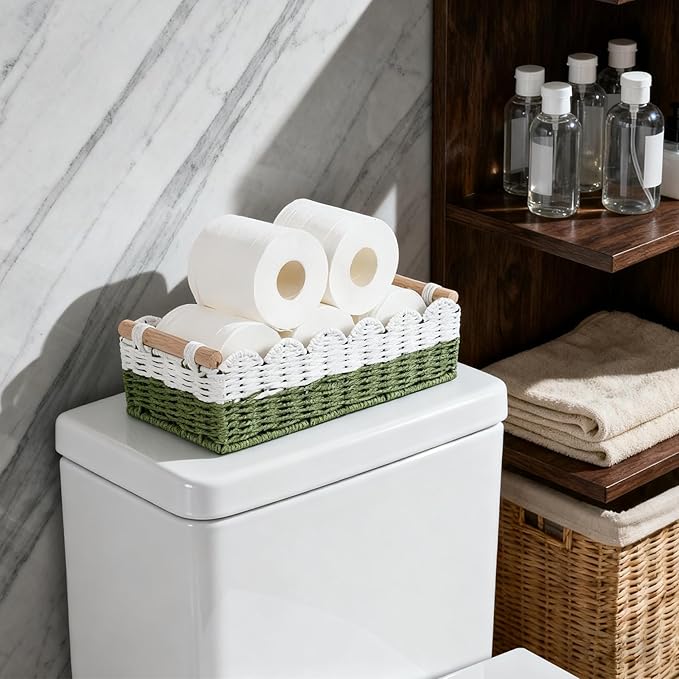 Scalloped Edge Toilet Paper Storage Basket for Bathroom Decor,Handwoven Small Paper Rope Tank Basket for Over Toilet Storage Shelf, End Table,Shelves and More, with 2 Wooden Handle