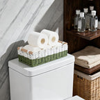 Scalloped Edge Toilet Paper Storage Basket for Bathroom Decor,Handwoven Small Paper Rope Tank Basket for Over Toilet Storage Shelf, End Table,Shelves and More, with 2 Wooden Handle