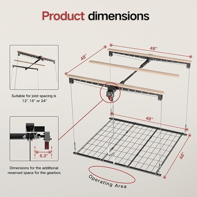 Overhead Garage Storage Lift, Heavy-duty 4x4 Ft Garage Ceiling Storage Racks with Safety Lock, Ideal for Ceiling Storage Lifting Organization System, 250lbs Capacity