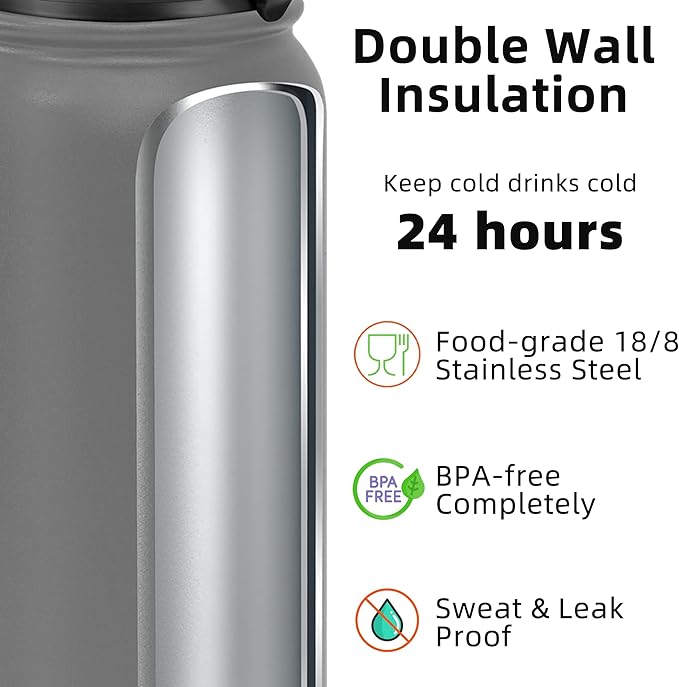Fanhaw 32 oz Insulated Stainless Steel Water Bottle with Anti-Dust Chug Lid, Leakproof Vacuum Sports Bottle for Men & Women (Gray)