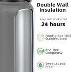 Fanhaw 32 oz Insulated Stainless Steel Water Bottle with Anti-Dust Chug Lid, Leakproof Vacuum Sports Bottle for Men & Women (Gray)