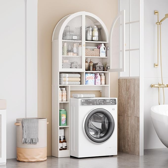 Over The Toilet Storage Cabinet, 29.7”W Modern Storage Cabinet Over Toilet with Acrylic Doors, Arched Freestanding Over Toilet Rack with Adjustable Shelf for Bathroom, White
