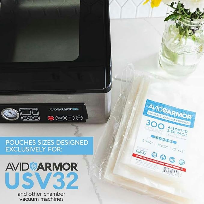 Avid Armor 300 CT Chamber Vacuum Sealer Bags for USV32 – Assorted Sizes (6x10", 8x12", 10x13"), BPA-Free, Reusable, for Food Storage, Sous Vide, and Freezer Preservation
