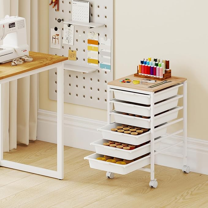 GOFLAME 6-Drawer Rolling Storage Cart, Craft Storage Cart with Wood Tabletop and Lockable Wheels, Art Cart Supply Storage Organizer with Metal Frame for Home Office Classroom, White