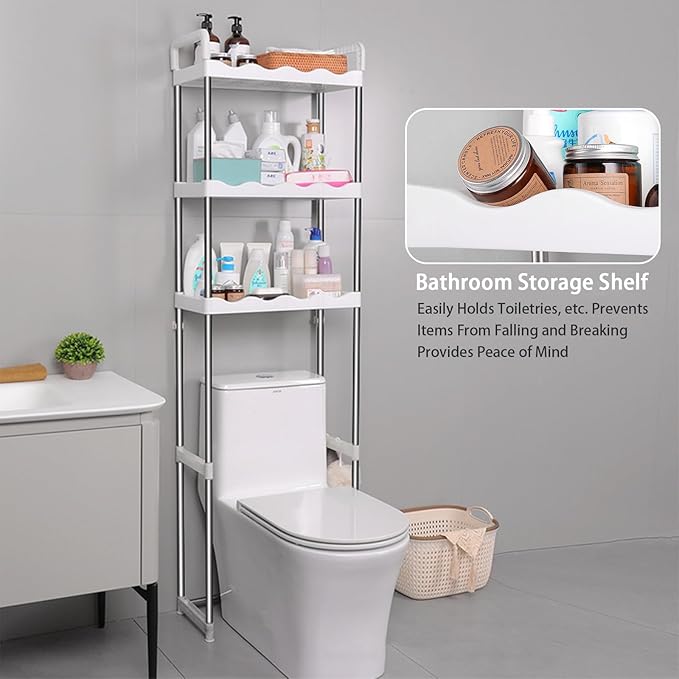Over The Toilet Storage Shelf, Multipurpose Toilet Storage Rack, 3-Tier Shelf Bathroom Space Saver Includes 3-Hooks, Freestanding Bathroom Organizer Above Toilet for Laundry, Restroom (3-Tier)