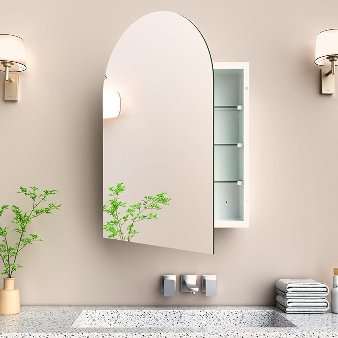 Arched Medicine Cabinet with Mirror, 20x30 Inch, Wall Cabinet with Frameless Mirror, Recessed Or Surface Mount for Bathroom Bedroom with Storage, Bathroom Medicine Cabinet