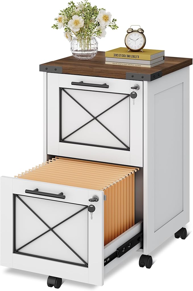 DEVAISE 2 Drawer File Cabinet with Hanging Files, Mobile Rolling Storage Cabinet for Home Office, Under Desk Filing Cabinet with Lock, Printer Stand, White