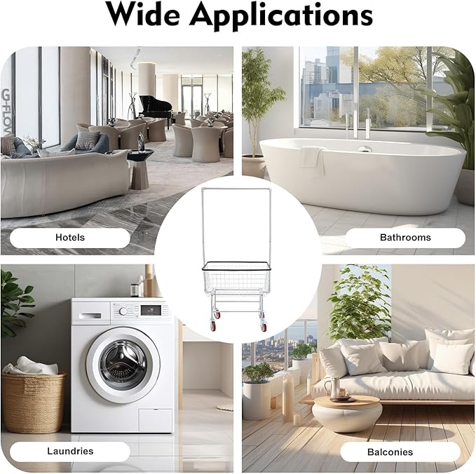 110LBS Commercial Steel Wire Laundry Cart Trolley w/Hanging Rack, 4 Universal Wheels, Lockable Rolling Laundry Organizer w/Removable Storage Basket for Home Hotel Laundromat