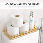 Toilet Paper Basket Organizer – Oak Wood Toilet Tank Tray with Metal Frame, Back of Tank or Top Bathroom Counter Storage – Gold & Oak Modern Decor