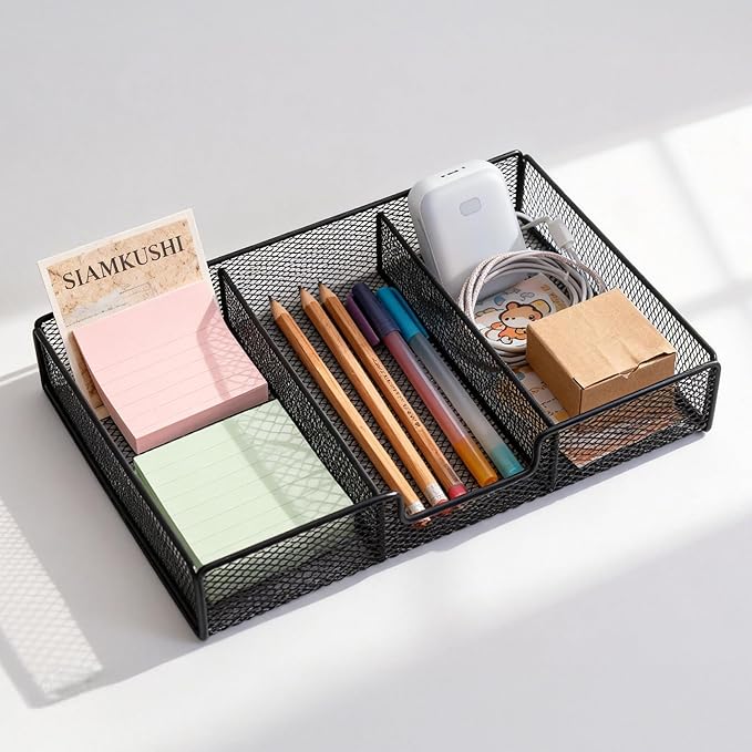 Desk Drawer Organizer, Office Junk Drawer Organizer Tray with 3 Compartments, Metal Mesh Pen Pencil Storage Box for School Office Desk Accessories Supplies Cosmetic Organization, 12.59x9.25x2.36 in