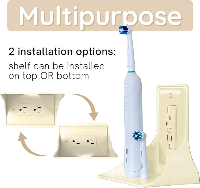 Power Perch Horizontal Wall Outlet Shelf with Cord Storage Strap - Declutter & Reclaim Bathroom Counter Space - Alexa Stand, Apple Homepod Shelf, Toothbrush Holders Wall Mounted - Almond, 1-Pack