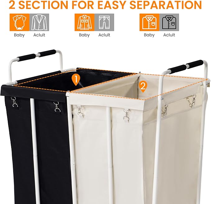 280L 2 Section Laundry Sorter Cart, Rolling Heavy Duty Laundry Sorter, Large Laundry Hamper with Removable Bags for Laundry Room, Bathroom, Hotel, Black & Beige