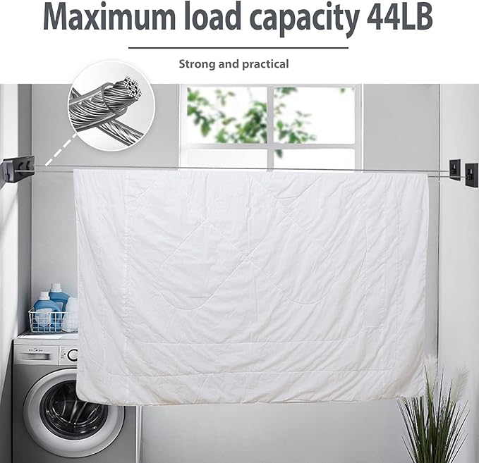 Retractable Clothesline Dual Lines, Sag-Proof Adjustable Tension & 2 Installation Ways, Outdoor/Indoor Laundry Rope for Pool Towels, Winter Coats