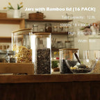LIBWYS 16-Pack Square Glass Storage Jars with Bamboo Lids (0.6Qt/1.06Qt) - Stackable Food Containers for Pantry Organization, Coffee, Flour, Snacks, Tea | Kitchen Canisters Set