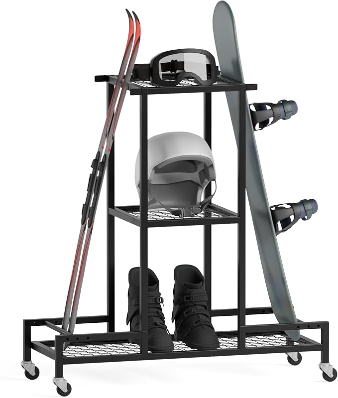 Standing Ski Storage Rack, Holds Snowboards & Skis, 3-Tier Organizer for Gear, Black - Ski Rack for Garage (without antislipmat)
