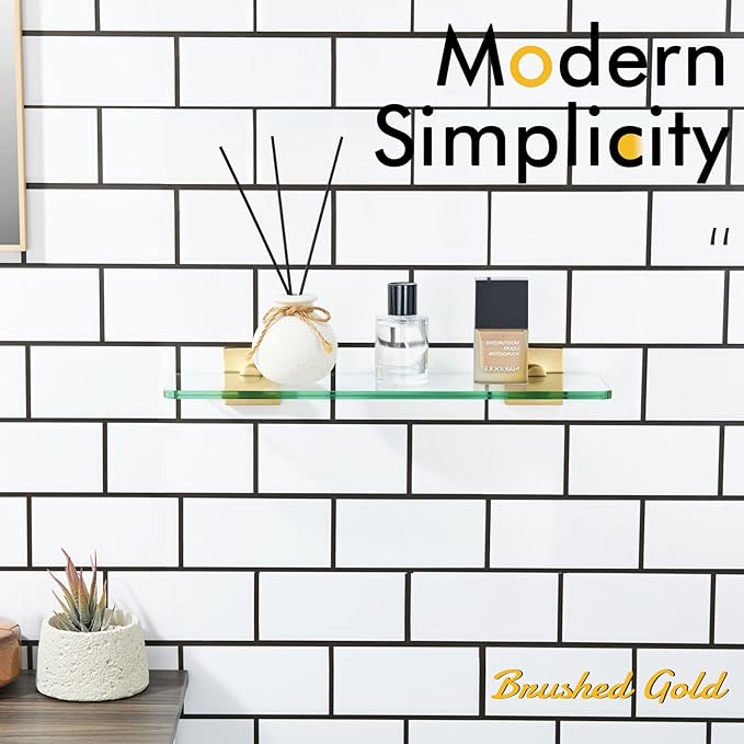 KOKOSIRI Floating Wall Shelf 16-Inch Bathroom Tempered Glass Shelves Shower Rack Kitchen Storage Home Decor, 2 Pack Gold Stainless Steel B1107BG-L16-P2